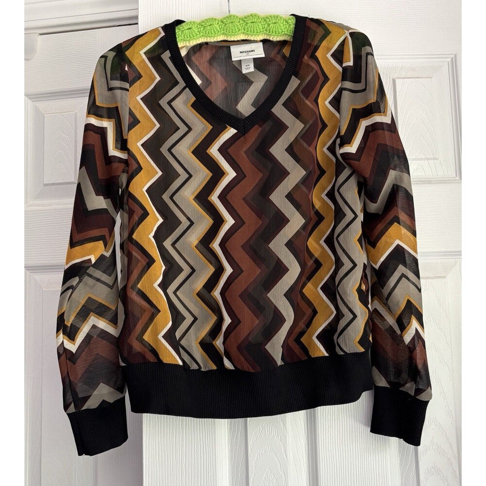 Missoni Target Womens Brown Sheer Chevron Long Sleeve V Neck Blouse Size XS